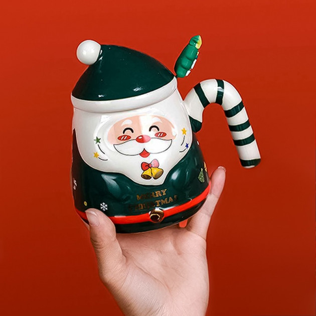 Рождественская чашка "Merry Christmass" Санта JJX001 кружка в форме Санты с ложечкой в подарочной упаковке Green