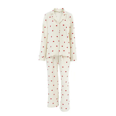 Женский муслиновый костюм 2SYCK1853B1 для дома рубашка с длинным рукавом брюки пижама Кремовый с сердечками M