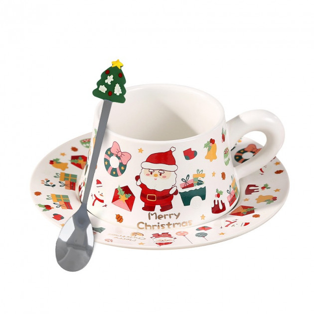 Рождественская чашка "Merry Christmass" Санта-Клаус JJX005 кружка с блюдцем с ложечкой новогодняя в подарочной упаковке White