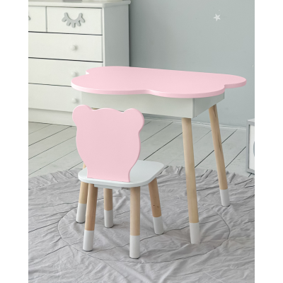 Столик облачка с нишей для вещей 54х68х50 и стульчик спинка мишка 26.5х26х25, стол и стул в детскую, белый с розовым