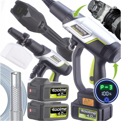 Аккумуляторная мойка высокого давления Toolme TM280 PRO BRUSHLESS 450 Вт с алюминиевой помпой, 2 АКБ 21В, пеногенератор (Польша)