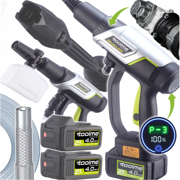 Акумуляторна мийка високого тиску Toolme TM280 PRO BRUSHLESS 450 Вт з алюмінієвою помпою, 2 АКБ 21В, піногенератор (Польща)