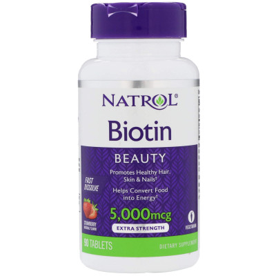 Біотин, Biotin, смак полуниці, Natrol, 5000 мкг, 90 таблеток