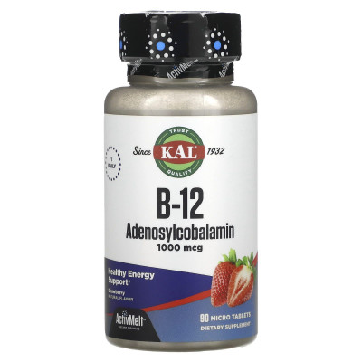 Вітамін В12 аденозилкобаламін, B-12 Adenosylcobalamin, KAL, полуниця, 1000 мкг, 90 таблеток