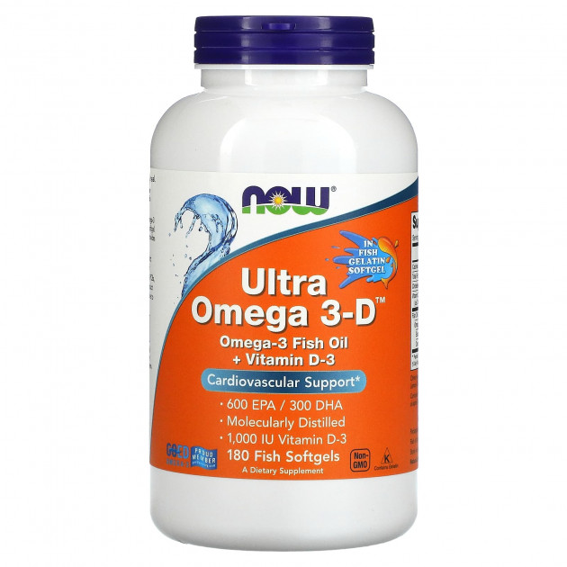 Омега 3-D ультра, Omega 3-D, 600 EPA/300 DHA NOW Foods, 180 рибних гелевих капсул