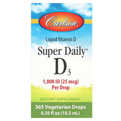 Вітамін D3, Super Daily D3, Carlson, 25 мкг (1000 МО), 10,3 мл