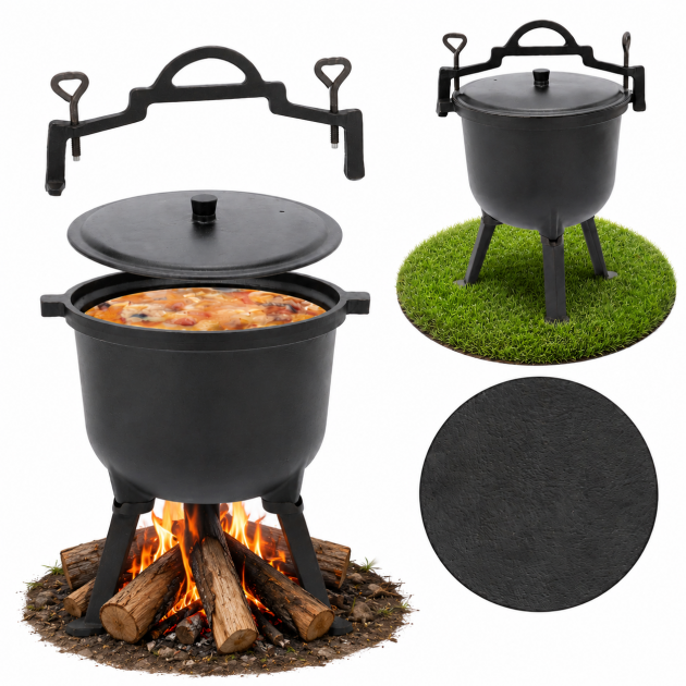 Туристичний чавунний казан 8 л Garden Line на 3 ніжках з кришкою та ручкою для перенесення (Польща)
