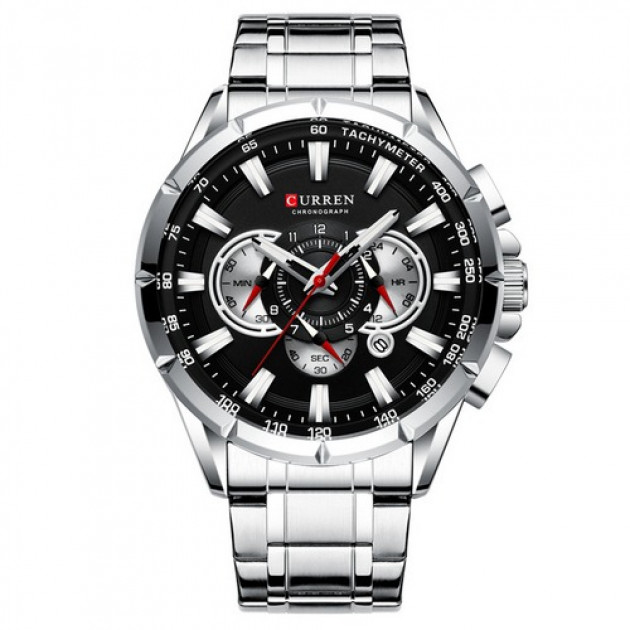 Чоловічий годинник Curren 8363 Silver-Black з хронографом та металевим браслетом