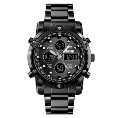 Чоловічий годинник Skmei 1389BK All Black з комбінованим циферблатом та металевим браслетом