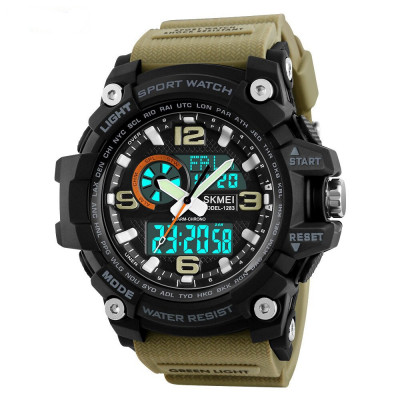 Чоловічий тактичний годинник Skmei 1283 Black-Khaki Wristband з подвійним циферблатом та підсвічуванням