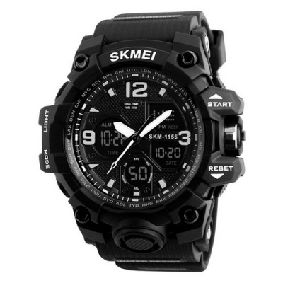 Чоловічий спортивний годинник Skmei 1155 Black з подвійним циферблатом та підсвічуванням
