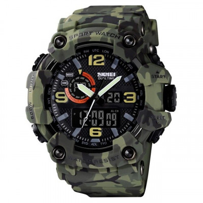Чоловічий тактичний годинник Skmei 1520CMGN Green Camo з комбінованим циферблатом та підсвічуванням