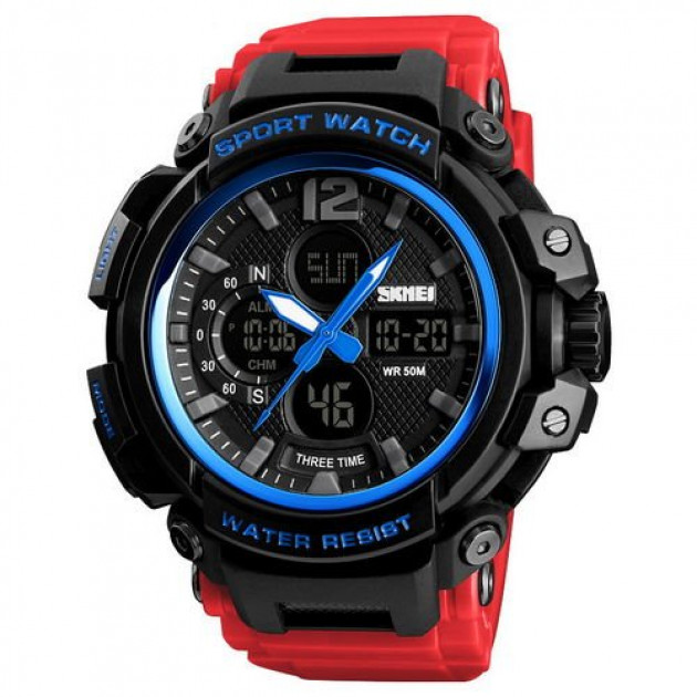 Чоловічий спортивний годинник Skmei 1343 Black-Blue-Red з комбінованим циферблатом та водонепроникністю 5 ATM