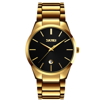 Чоловічий класичний годинник Skmei 9140GDBK Gold-Black з металевим браслетом та календарем