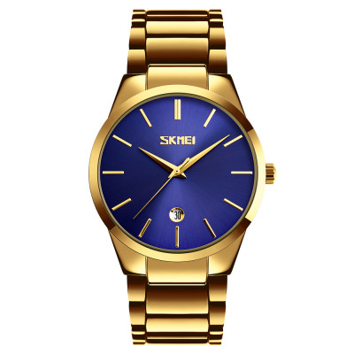 Чоловічий класичний годинник Skmei 9140GDBU Gold-Blue з металевим браслетом та синім циферблатом