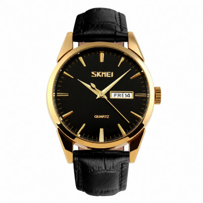 Чоловічий годинник Skmei 9073GDBK-B Gold-Black з шкіряним ремінцем та календарем