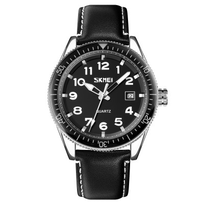 Чоловічий класичний годинник Skmei 9232LSIBK Silver-Black Leather з календарем та шкіряним ремінцем