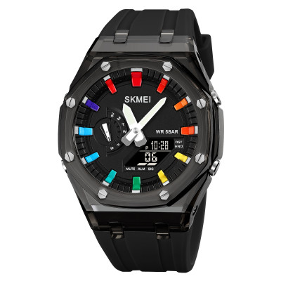 Годинник Skmei 2100BKBK Black-Black спортивний унісекс з подвійним циферблатом та підсвічуванням
