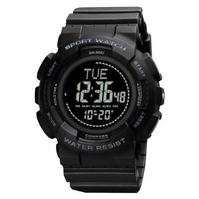 Чоловічий спортивний годинник Skmei 2077BK Black + Compass з електронним циферблатом та підсвічуванням