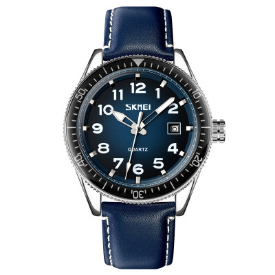 Чоловічий годинник Skmei 9232LSIBU Silver-Blue-Leather Strap з синім шкіряним ремінцем та календарем