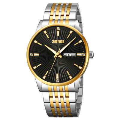Чоловічий класичний годинник Skmei 9323TGDBK Silver/Gold-Black з мінеральним склом та календарем