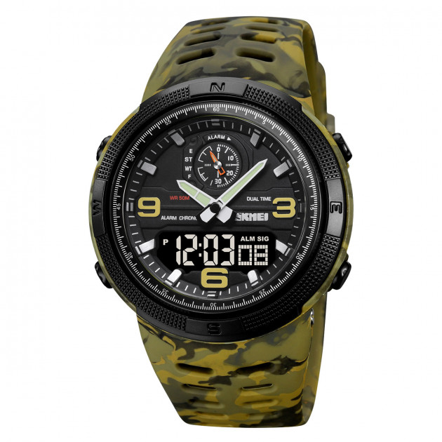Чоловічий тактичний годинник Skmei 1655CMGNBK Camo Green-Black зі стрілково-електронним циферблатом