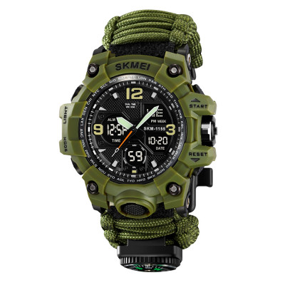 Чоловічий годинник Skmei 1155BNAG Army Green тактичний зі стрілково-електронним циферблатом та паракордом