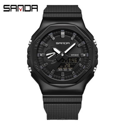 Чоловічий годинник Sanda 3167 All Black тактичний зі стрілково-електронним циферблатом