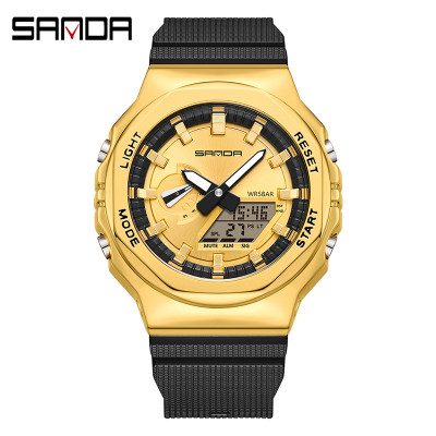 Чоловічий годинник Sanda 3167 Gold — спортивний стрілково-електронний з підсвічуванням та захистом 5 ATM