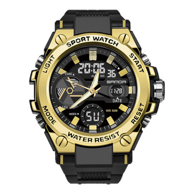 Чоловічий спортивний годинник Sanda 3311 Black-Gold з комбінованим циферблатом та захистом 5 ATM