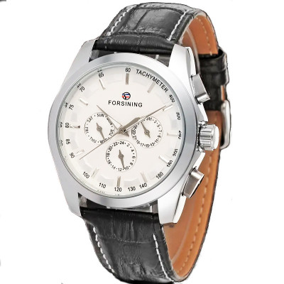 Чоловічий механічний годинник Forsining 6625 Silver-White Leather з автопідзаводом та тахіметром