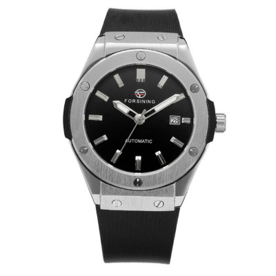Чоловічий механічний годинник Forsining 8107 Silver-Black з автопідзаводом та каучуковим ремінцем
