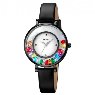 Жіночий класичний годинник Skmei 2041BK Black з білим циферблатом та шкіряним ремінцем