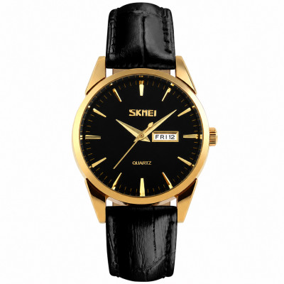 Жіночий класичний годинник Skmei 9073GDBK-S Gold-Black зі шкіряним ремінцем та календарем
