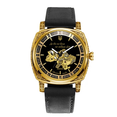 Жіночий механічний годинник Awarder 021-3D Де би не була Gold-Black-Black Leather з автопідзаводом