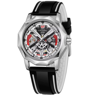 Чоловічий механічний годинник Forsining 8284 Silver-Black з прозорим корпусом та каучуковим ремінцем