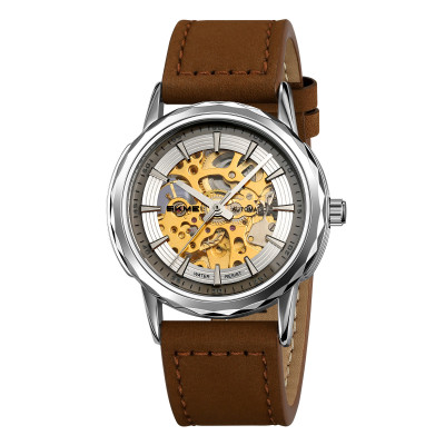 Чоловічий механічний годинник Skmei M035LSIDKBN Silver-Dark Brown Leather з автопідзаводом
