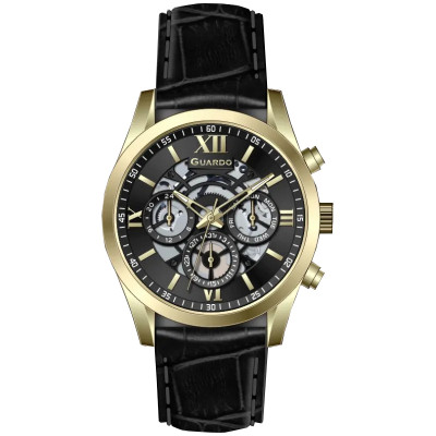 Чоловічий наручний годинник Guardo 012837-6 Gold/Black з календарем та шкіряним ремінцем
