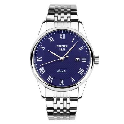 Чоловічий класичний годинник Skmei 9058SBU-B Silver-Blue зі сріблястим браслетом та синім циферблатом