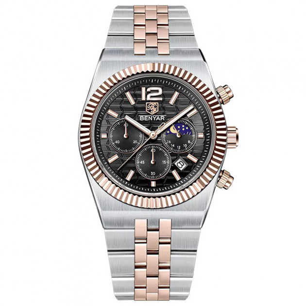 Чоловічий годинник Benyar BY-5225 Silver-Rose Gold-Black з металевим браслетом та календарем