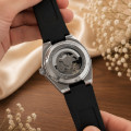 Чоловічий механічний годинник Forsining 8313 Black-Silver-Black з автопідзаводом та силіконовим ремінцем