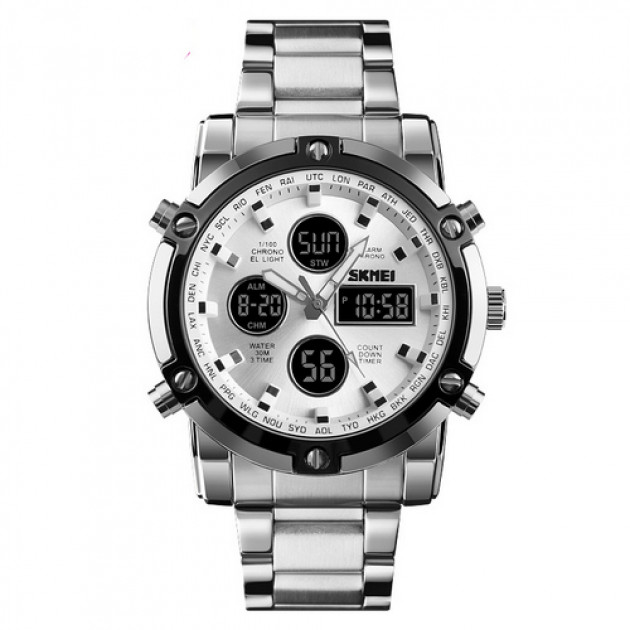 Чоловічий годинник Skmei 1389SI Silver-Black-Silver зі стрілково-електронним циферблатом та підсвіткою