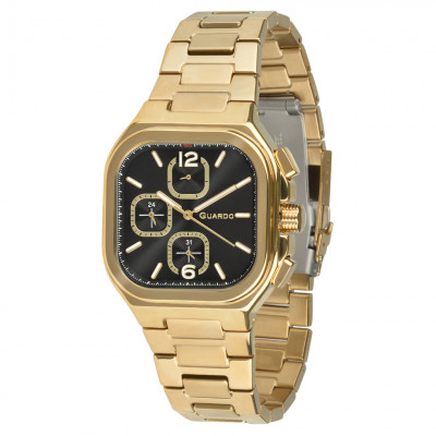 Чоловічий наручний годинник Guardo 012694-3 Gold-Black у прямокутному корпусі з браслетом