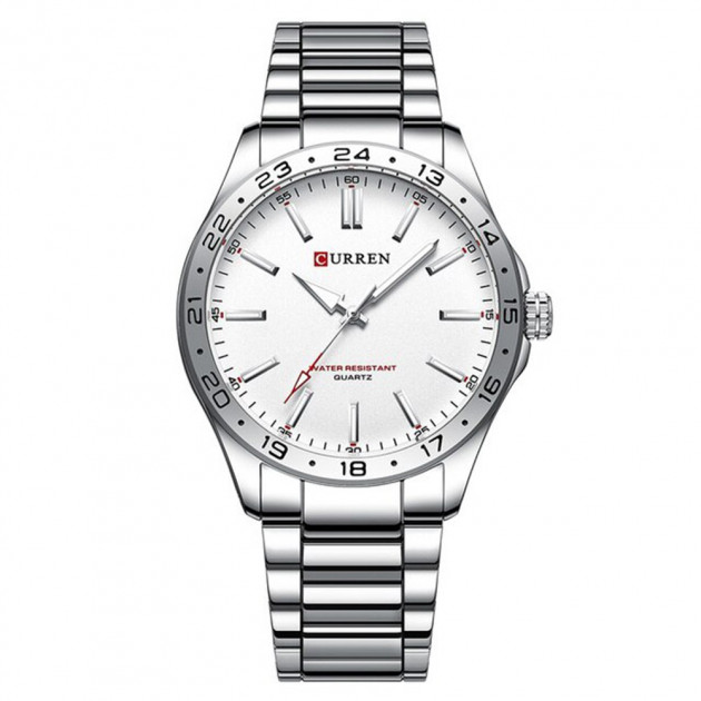 Чоловічий годинник Curren 8452 Silver-White з мінеральним склом та сріблястим браслетом