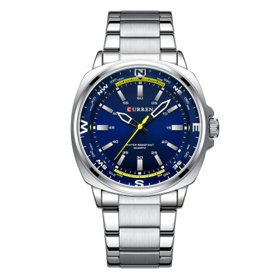 Чоловічий класичний годинник Curren 8455 Silver-Blue зі сріблястим браслетом та синім циферблатом