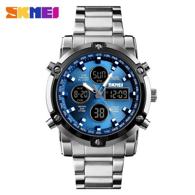 Чоловічий годинник Skmei 1389BU Silver-Black-Blue зі стрілково-електронним циферблатом та підсвіткою