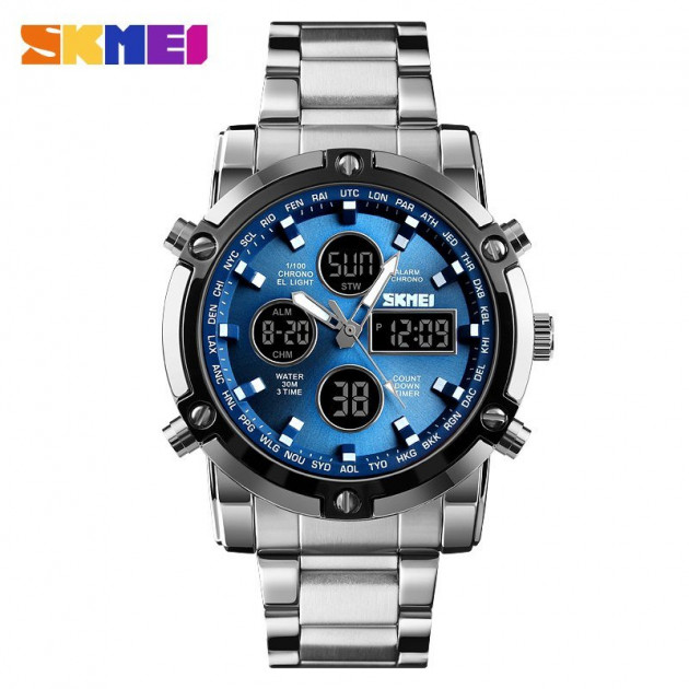 Чоловічий годинник Skmei 1389BU Silver-Black-Blue зі стрілково-електронним циферблатом та підсвіткою