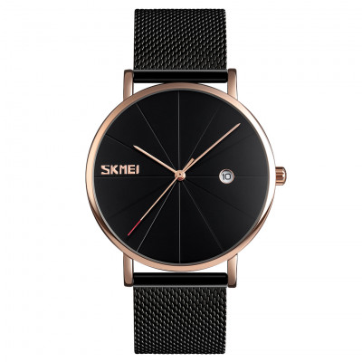 Чоловічий класичний годинник Skmei 9183RGBK Black-Rose Gold з металевим браслетом та календарем