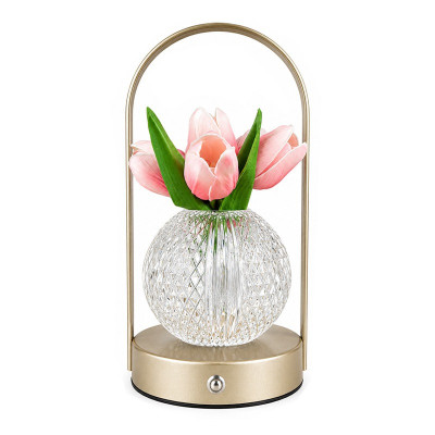 Настольная лампа LED светильник ночник Tulips Crystal ZBTSYJX0417 в виде букета тюльпанов в хрустальном шаре в колбе Pink