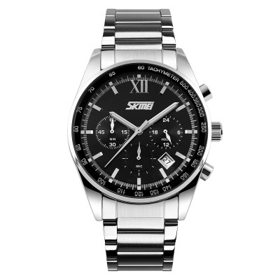 Чоловічий годинник Skmei 9096BK Black зі сріблястим браслетом, хронографом та мінеральним склом